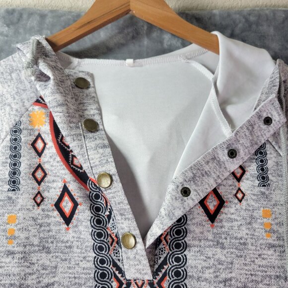 Womens Grey Aztec Print Hoodie Large 100% Cotton Pullover Casual Boho Southwest - Picture 8 of 11